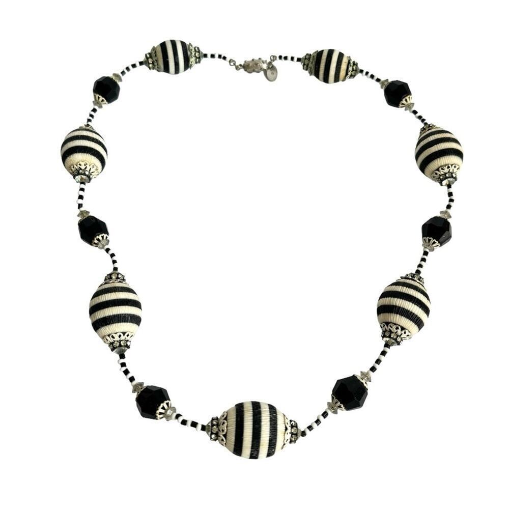 Vendome‎ Necklace Vintage Black & White Stripe Bead Beaded Retro Mod 60s Signed